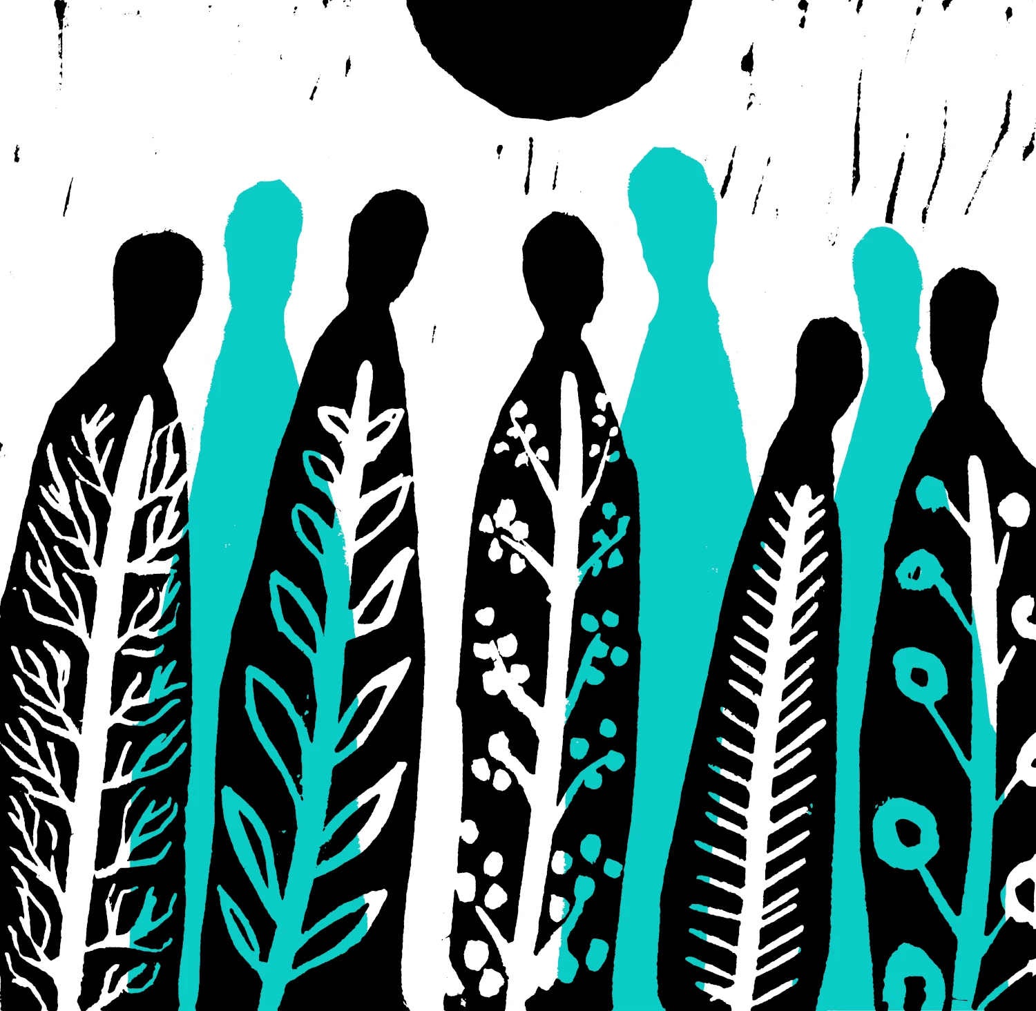 The illustration features several human figures resembling elements of nature interacting beneath the sun. This imagery symbolizes group engagement and bonding, resilience and innovation.
