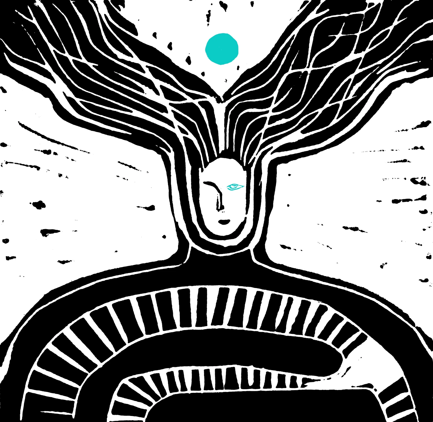 A black and white illustration showing a human like figure, with a pathways within the body, and hair flowing hight. It has a blue eye and also a blue circle above head, representing vision and transformation.