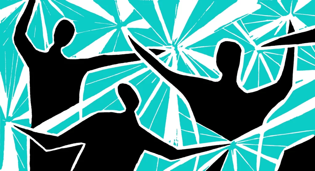 An illustration depicts several human figures engaged in play within a workshop setting, with beams of light streaming from their hands and illuminating the entire space. This imagery symbolizes the creative power of group play, showcasing the vibrant energy and inspiration that emerge from collaborative interaction.