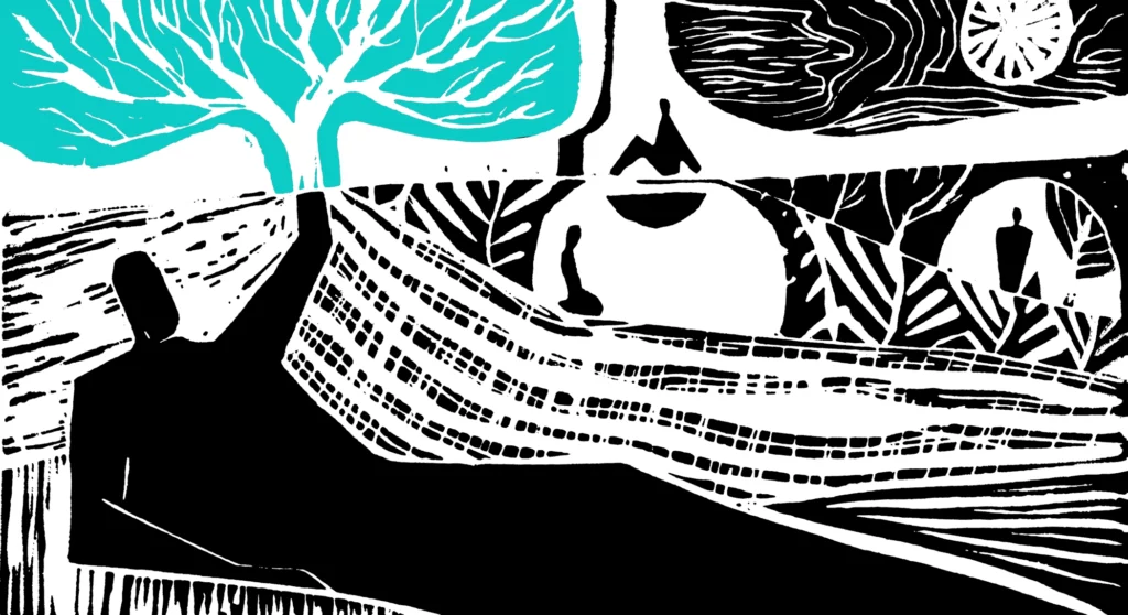 The illustration features several human figures interwoven with elements of nature, including the sun, trees, caves, sky, and earth. This design symbolizes the profound connection between humans and their well-being, highlighting the interplay between humanity and the natural world