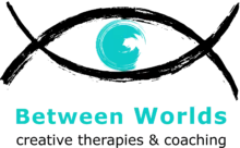 Illustration resembles an eye depicting two overlapping circles, with another green-blue circle in motion at the centre, symbolising the space between worlds.