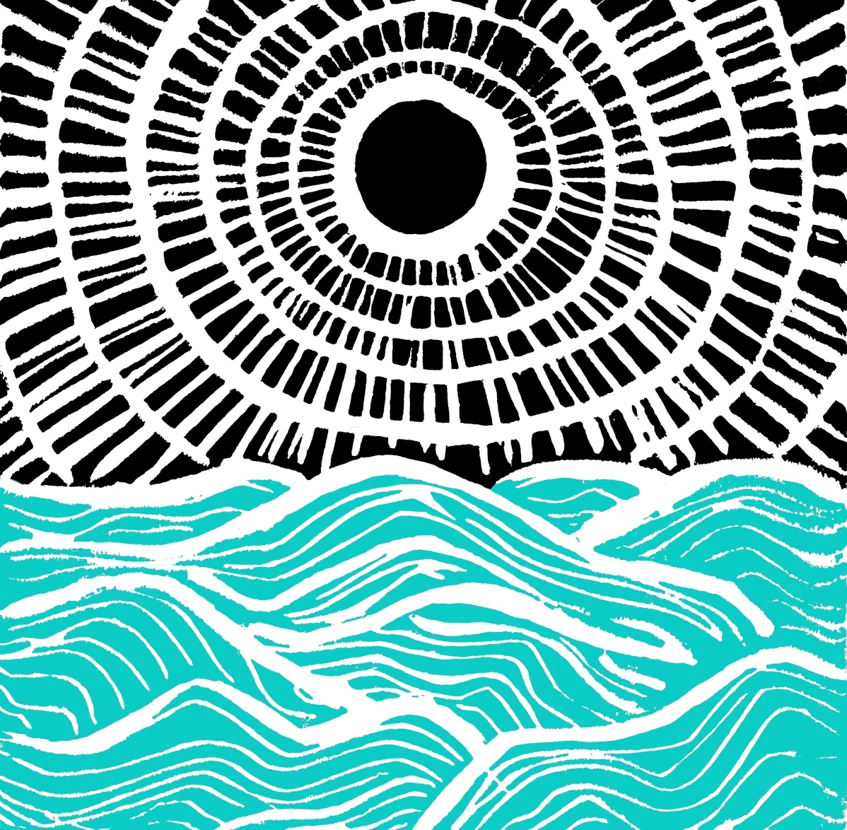 The illustration depicts strong, playful waves under the sun, which spreads its light. It symbolises the journey, power of nature and its healing properties.