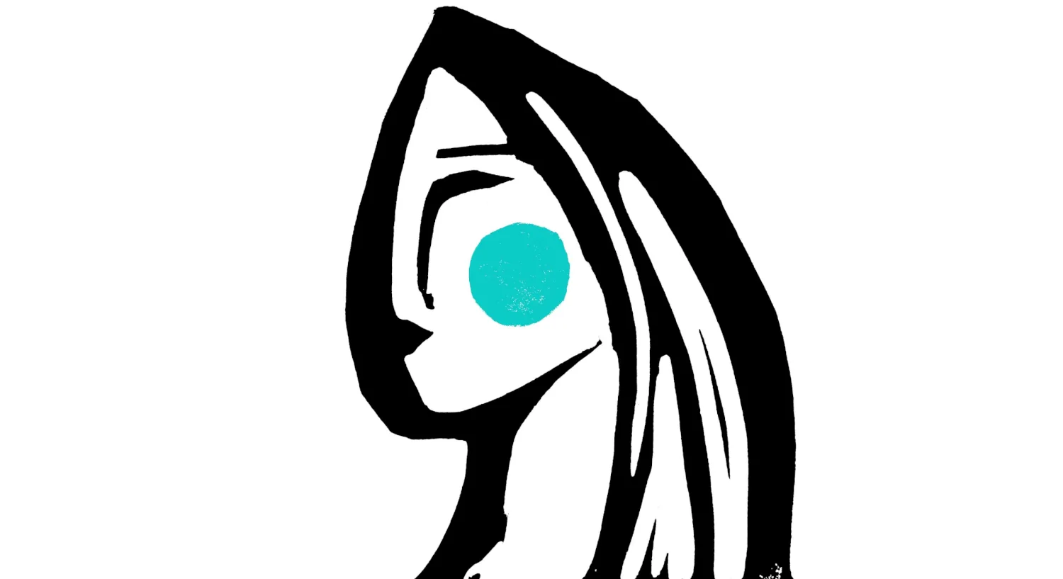 A black-and-white illustration of a woman with a blue-green circle on her cheek, representing her connection to different worlds.